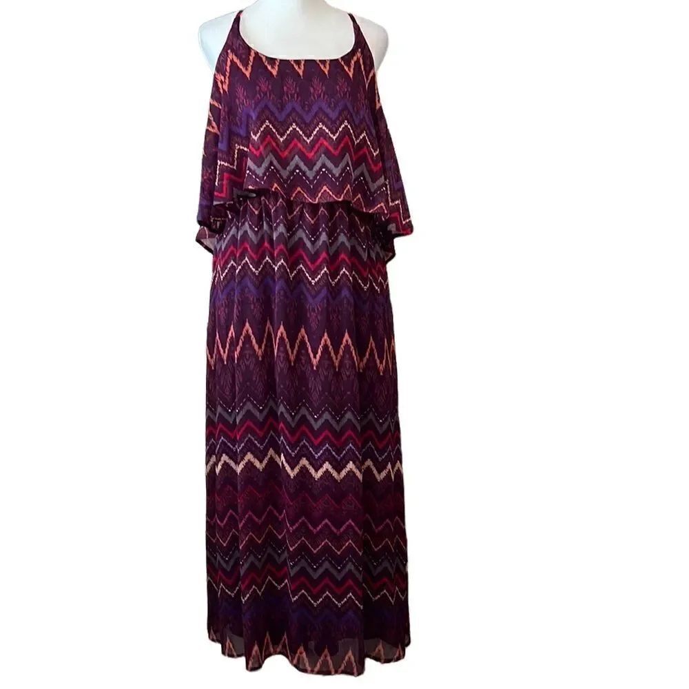 Faded Glory EUC purple zig zag print maxi dress adjustable straps fully lined